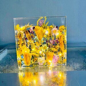 Handmade Resin Flower Block with LED Lights – Dried Floral Night Light | Unique